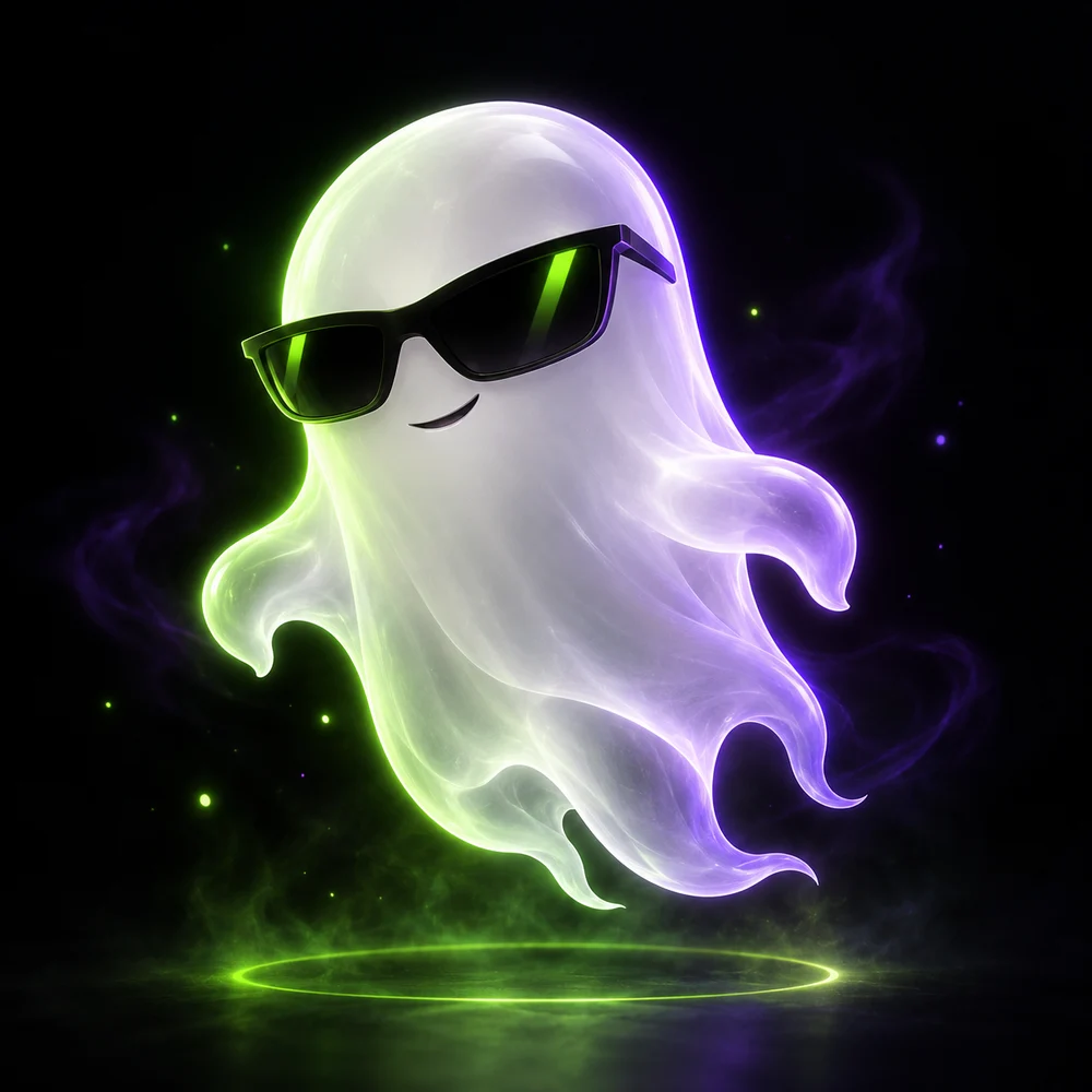 Ghostent, a floating translucent white ghost with black sunglasses, lit in neon green and purple.